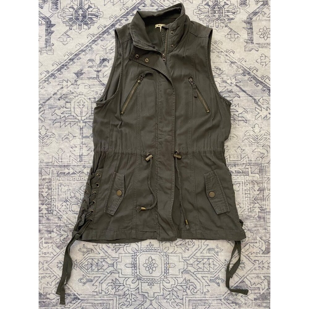Miami Sleeveless Olive Green Utility Vest Womens Medium Pockets‎ Tunic Zip Front